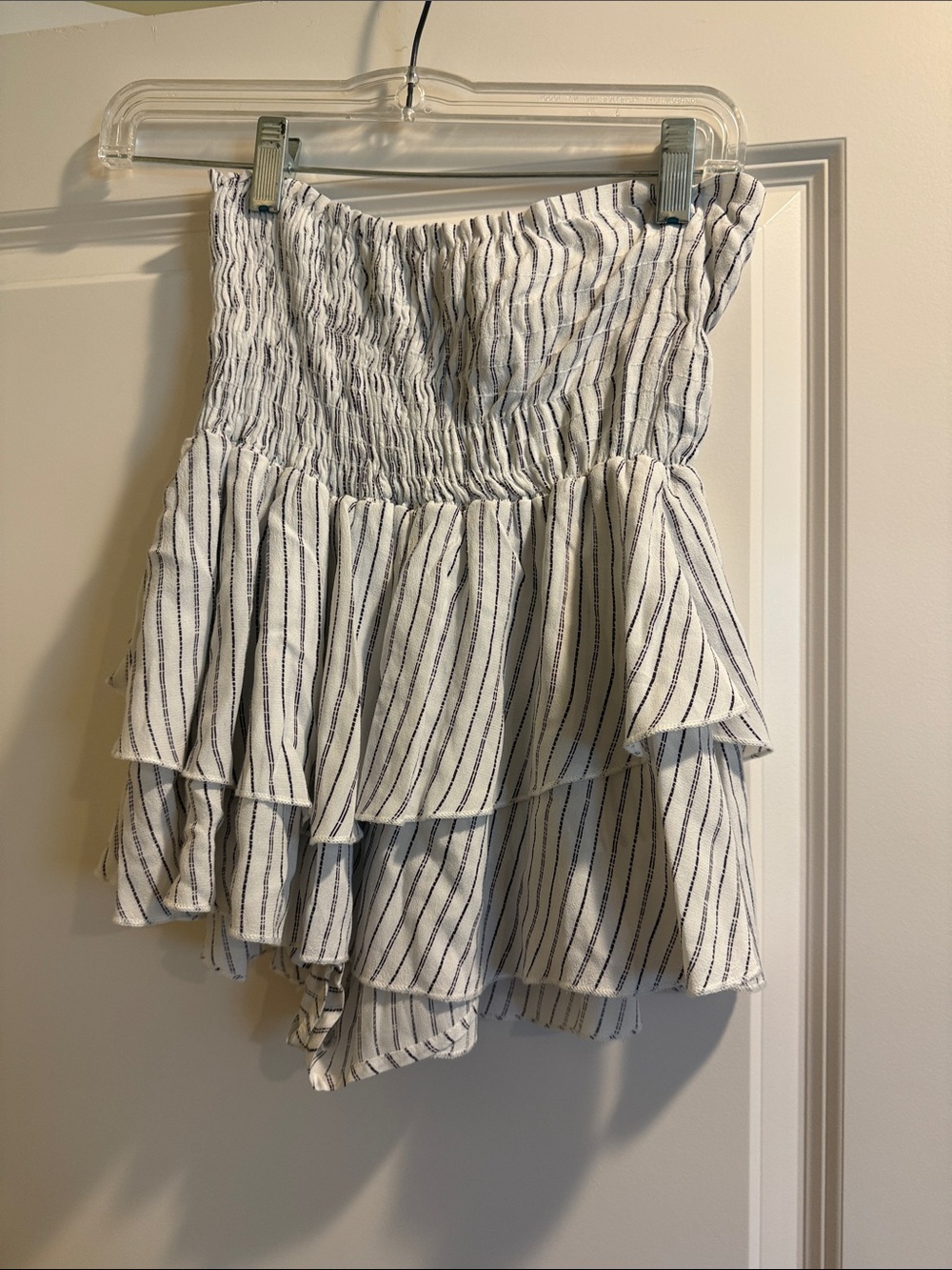 Smocked White and Navy Striped Tiered Skort